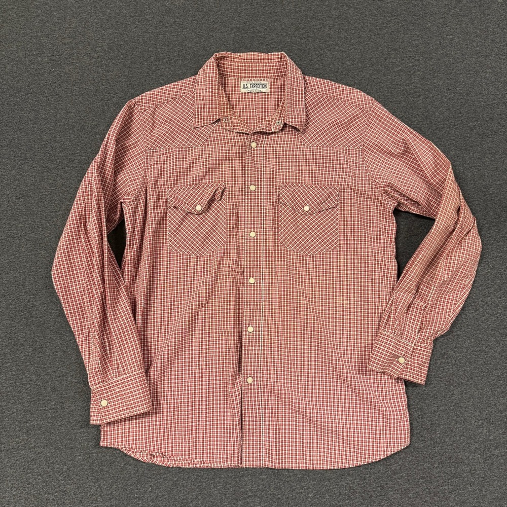Vintage US Expedition Western Shirt Mens L Red Good Snap Pearl Gingham Check